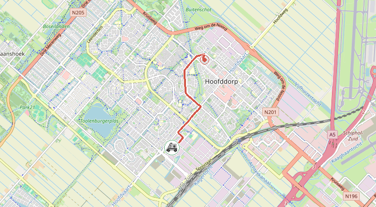 Kaart van de omgeving van de melding, met de kazerne die is gealarmeerd