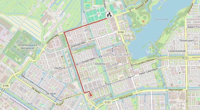 Kaart van de omgeving van de melding, met de kazerne die is gealarmeerd