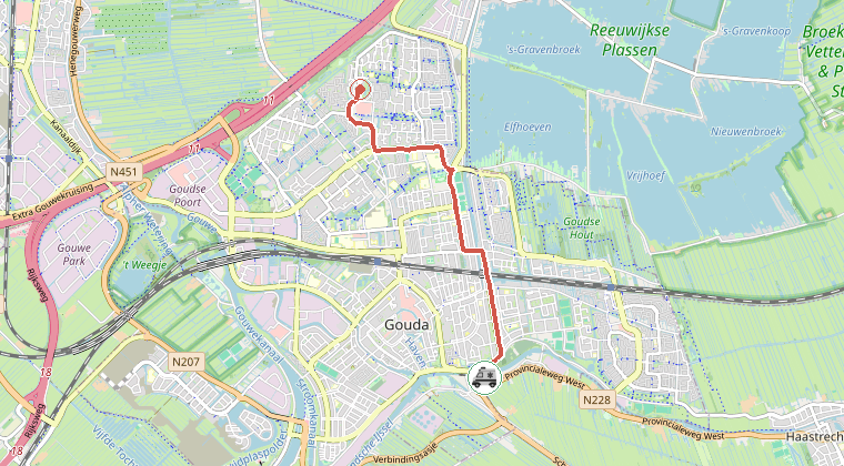 Kaart van de omgeving van de melding, met de kazerne die is gealarmeerd