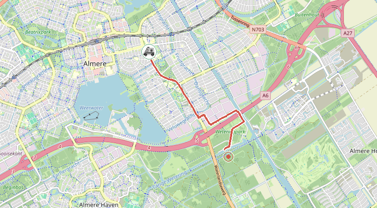 Kaart van de omgeving van de melding, met de kazerne die is gealarmeerd