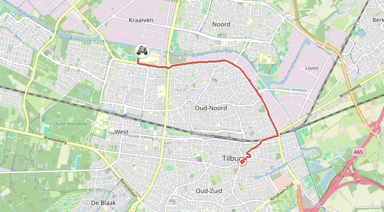 Kaart van de omgeving van de melding, met de kazerne die is gealarmeerd