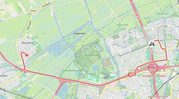 Kaart van de omgeving van de melding, met de kazerne die is gealarmeerd