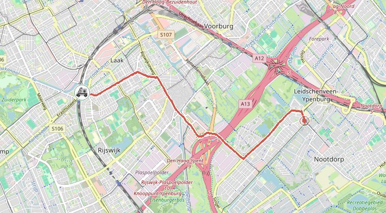 Kaart van de omgeving van de melding, met de kazerne die is gealarmeerd