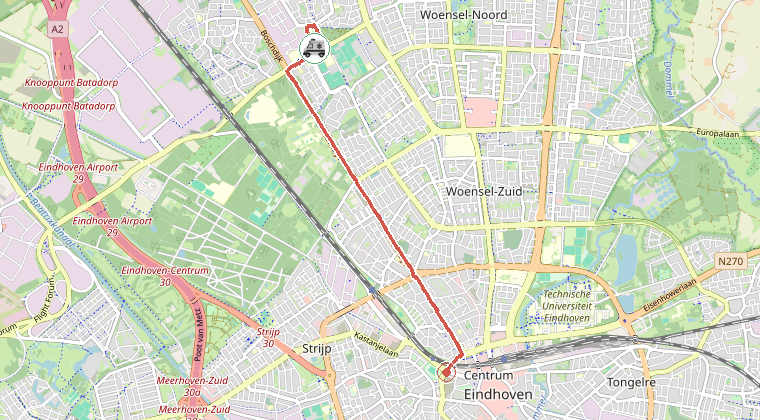 Kaart van de omgeving van de melding, met de kazerne die is gealarmeerd