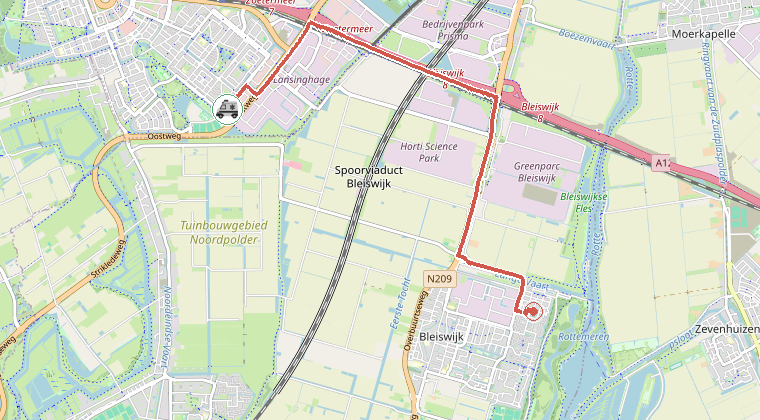 Kaart van de omgeving van de melding, met de kazerne die is gealarmeerd