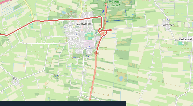 Kaart van de omgeving van de melding, met de kazerne die is gealarmeerd