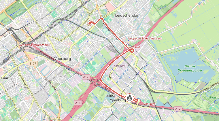 Kaart van de omgeving van de melding, met de kazerne die is gealarmeerd