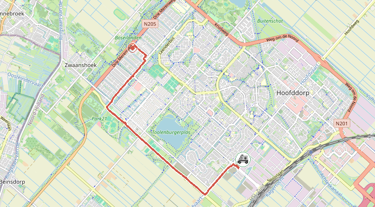 Kaart van de omgeving van de melding, met de kazerne die is gealarmeerd