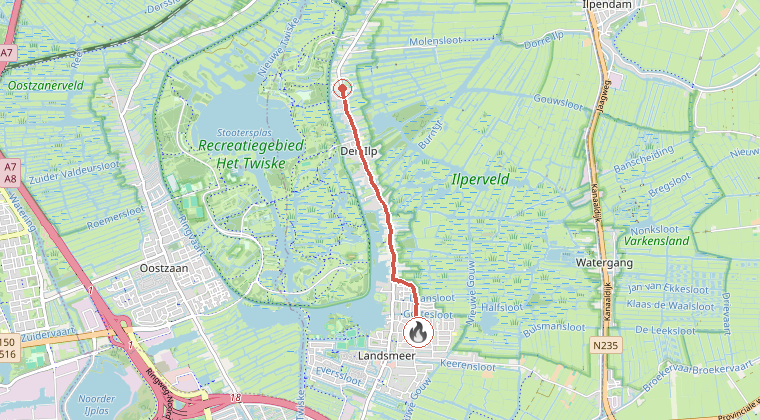 Kaart van de omgeving van de melding, met de kazerne die is gealarmeerd