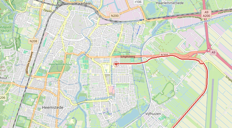 Kaart van de omgeving van de melding, met de kazerne die is gealarmeerd
