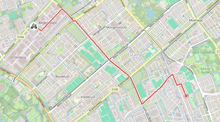 Kaart van de omgeving van de melding, met de kazerne die is gealarmeerd