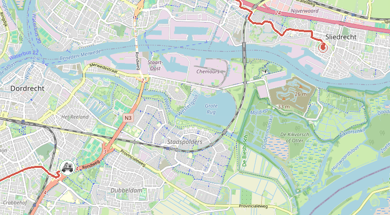 Kaart van de omgeving van de melding, met de kazerne die is gealarmeerd