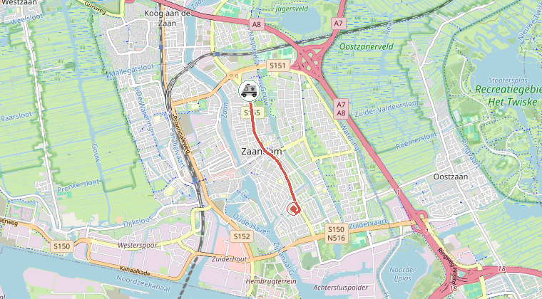 Kaart van de omgeving van de melding, met de kazerne die is gealarmeerd
