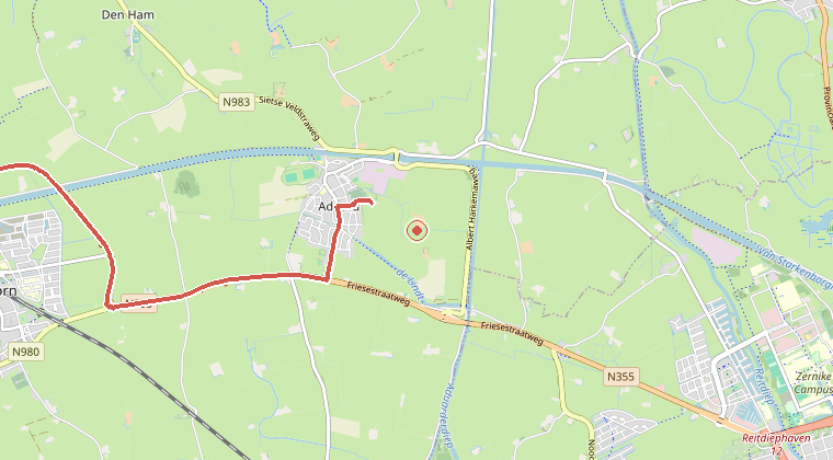Kaart van de omgeving van de melding, met de kazerne die is gealarmeerd