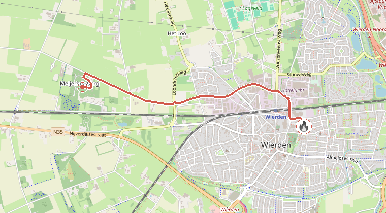 Kaart van de omgeving van de melding, met de kazerne die is gealarmeerd