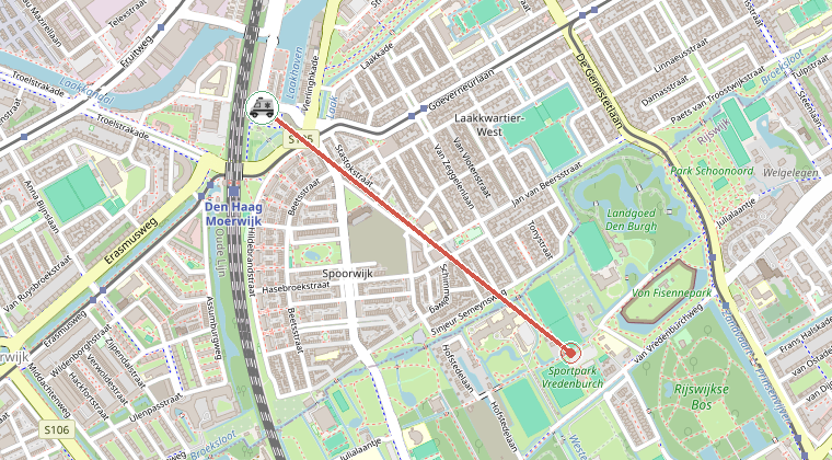 Kaart van de omgeving van de melding, met de kazerne die is gealarmeerd
