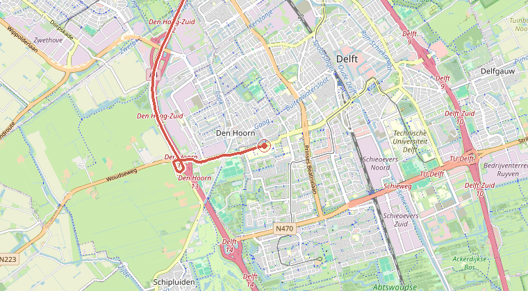 Kaart van de omgeving van de melding, met de kazerne die is gealarmeerd