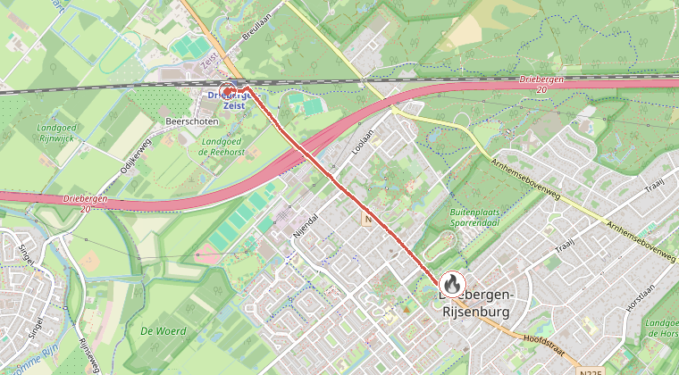 Kaart van de omgeving van de melding, met de kazerne die is gealarmeerd