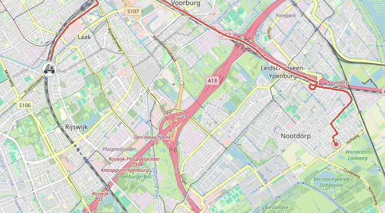 Kaart van de omgeving van de melding, met de kazerne die is gealarmeerd