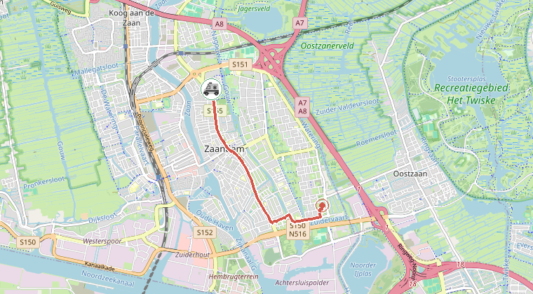 Kaart van de omgeving van de melding, met de kazerne die is gealarmeerd
