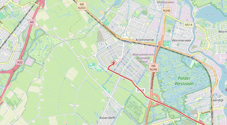 Kaart van de omgeving van de melding, met de kazerne die is gealarmeerd