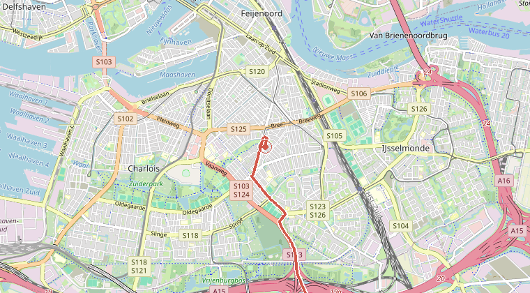 Kaart van de omgeving van de melding, met de kazerne die is gealarmeerd