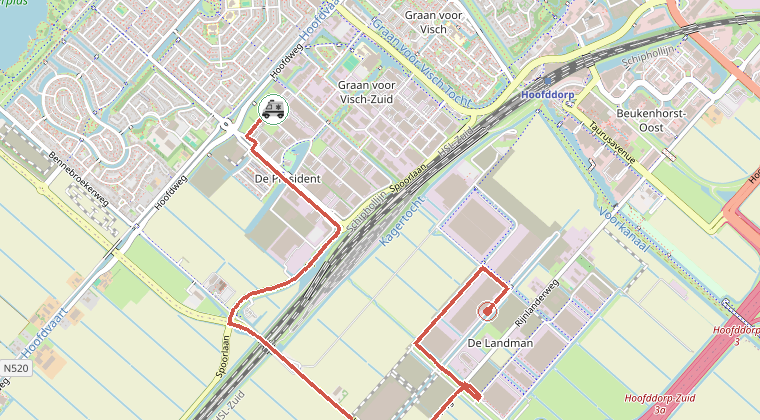 Kaart van de omgeving van de melding, met de kazerne die is gealarmeerd