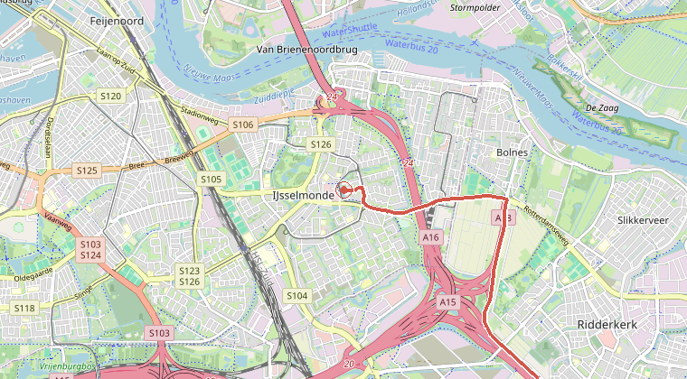 Kaart van de omgeving van de melding, met de kazerne die is gealarmeerd