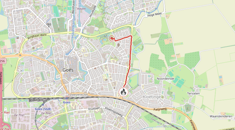 Kaart van de omgeving van de melding, met de kazerne die is gealarmeerd