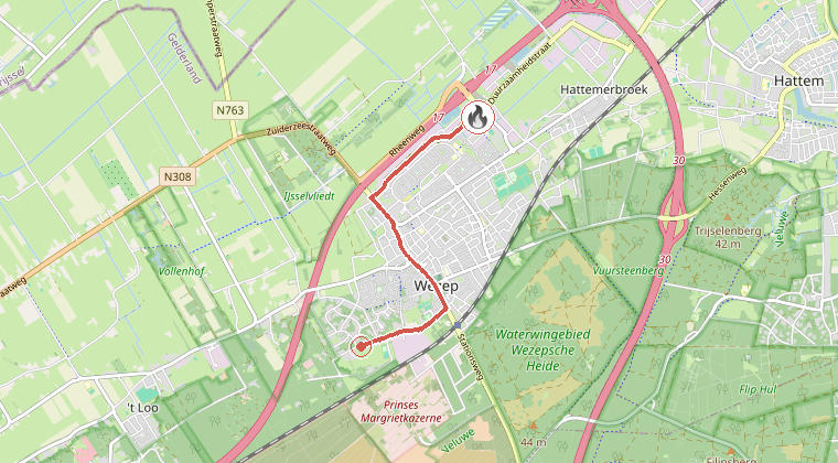 Kaart van de omgeving van de melding, met de kazerne die is gealarmeerd