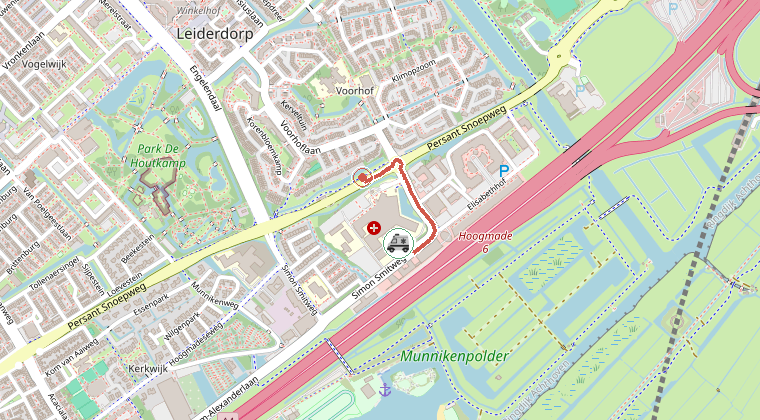 Kaart van de omgeving van de melding, met de kazerne die is gealarmeerd