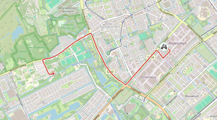 Kaart van de omgeving van de melding, met de kazerne die is gealarmeerd