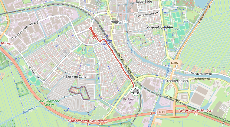 Kaart van de omgeving van de melding, met de kazerne die is gealarmeerd