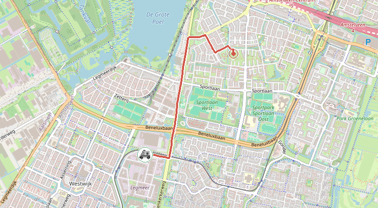 Kaart van de omgeving van de melding, met de kazerne die is gealarmeerd