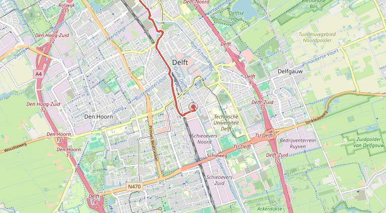 Kaart van de omgeving van de melding, met de kazerne die is gealarmeerd