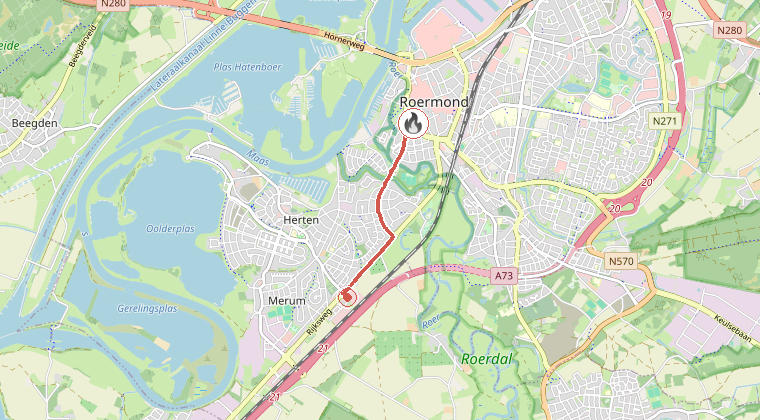 Kaart van de omgeving van de melding, met de kazerne die is gealarmeerd