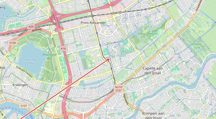 Kaart van de omgeving van de melding, met de kazerne die is gealarmeerd
