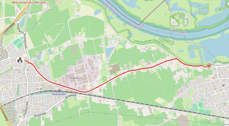 Kaart van de omgeving van de melding, met de kazerne die is gealarmeerd