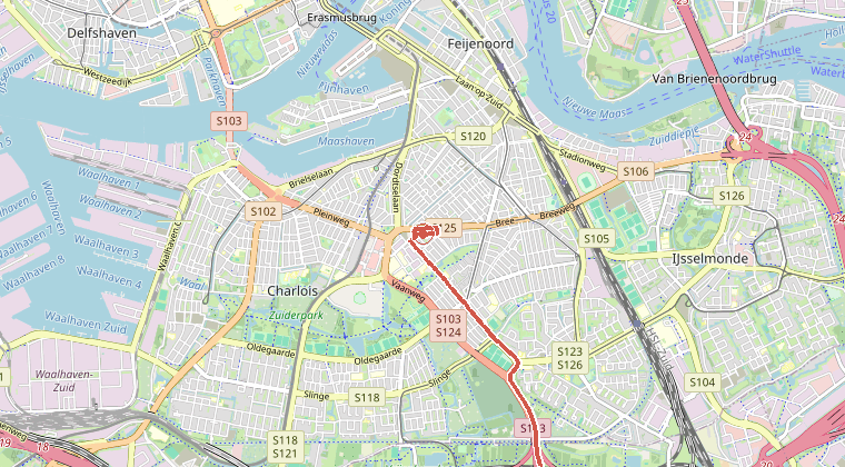Kaart van de omgeving van de melding, met de kazerne die is gealarmeerd