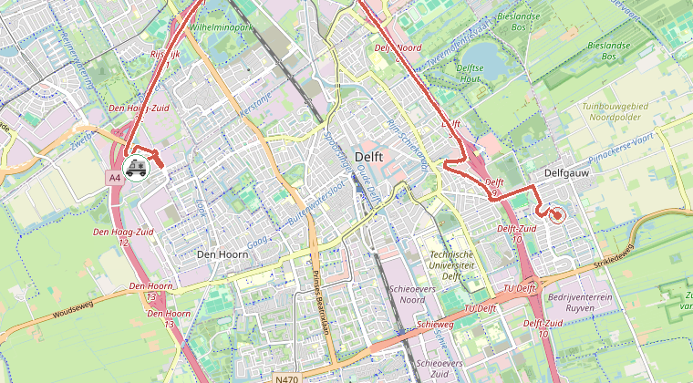 Kaart van de omgeving van de melding, met de kazerne die is gealarmeerd