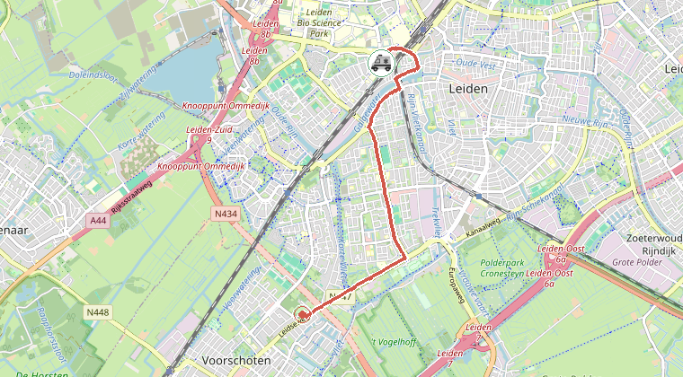 Kaart van de omgeving van de melding, met de kazerne die is gealarmeerd