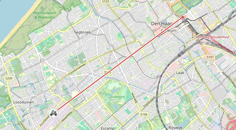Kaart van de omgeving van de melding, met de kazerne die is gealarmeerd