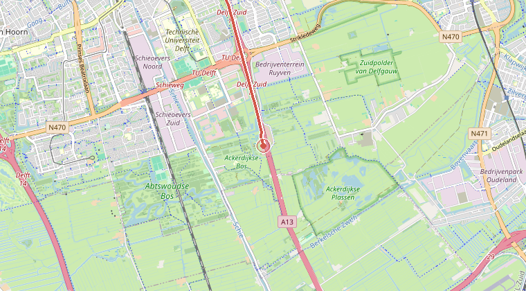 Kaart van de omgeving van de melding, met de kazerne die is gealarmeerd