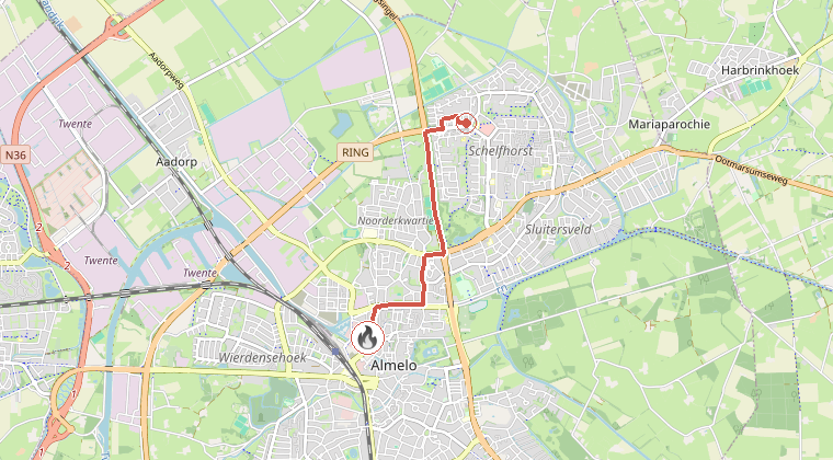 Kaart van de omgeving van de melding, met de kazerne die is gealarmeerd
