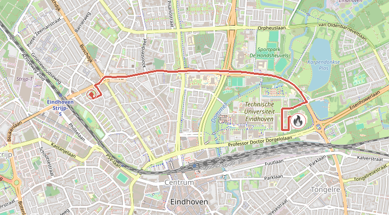 Kaart van de omgeving van de melding, met de kazerne die is gealarmeerd