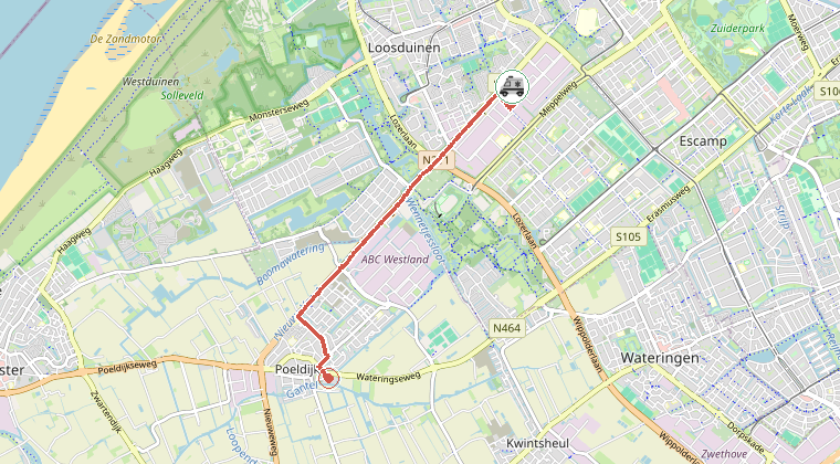 Kaart van de omgeving van de melding, met de kazerne die is gealarmeerd