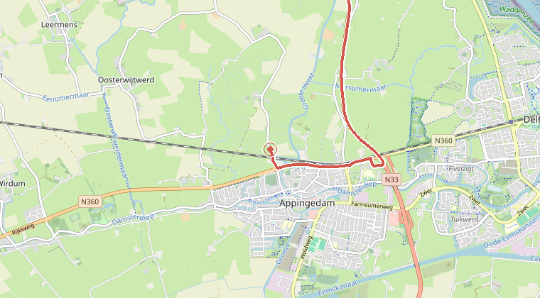 Kaart van de omgeving van de melding, met de kazerne die is gealarmeerd
