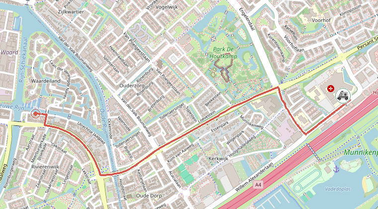 Kaart van de omgeving van de melding, met de kazerne die is gealarmeerd