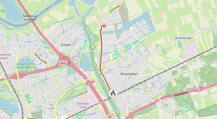Kaart van de omgeving van de melding, met de kazerne die is gealarmeerd