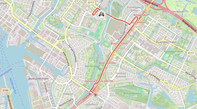 Kaart van de omgeving van de melding, met de kazerne die is gealarmeerd